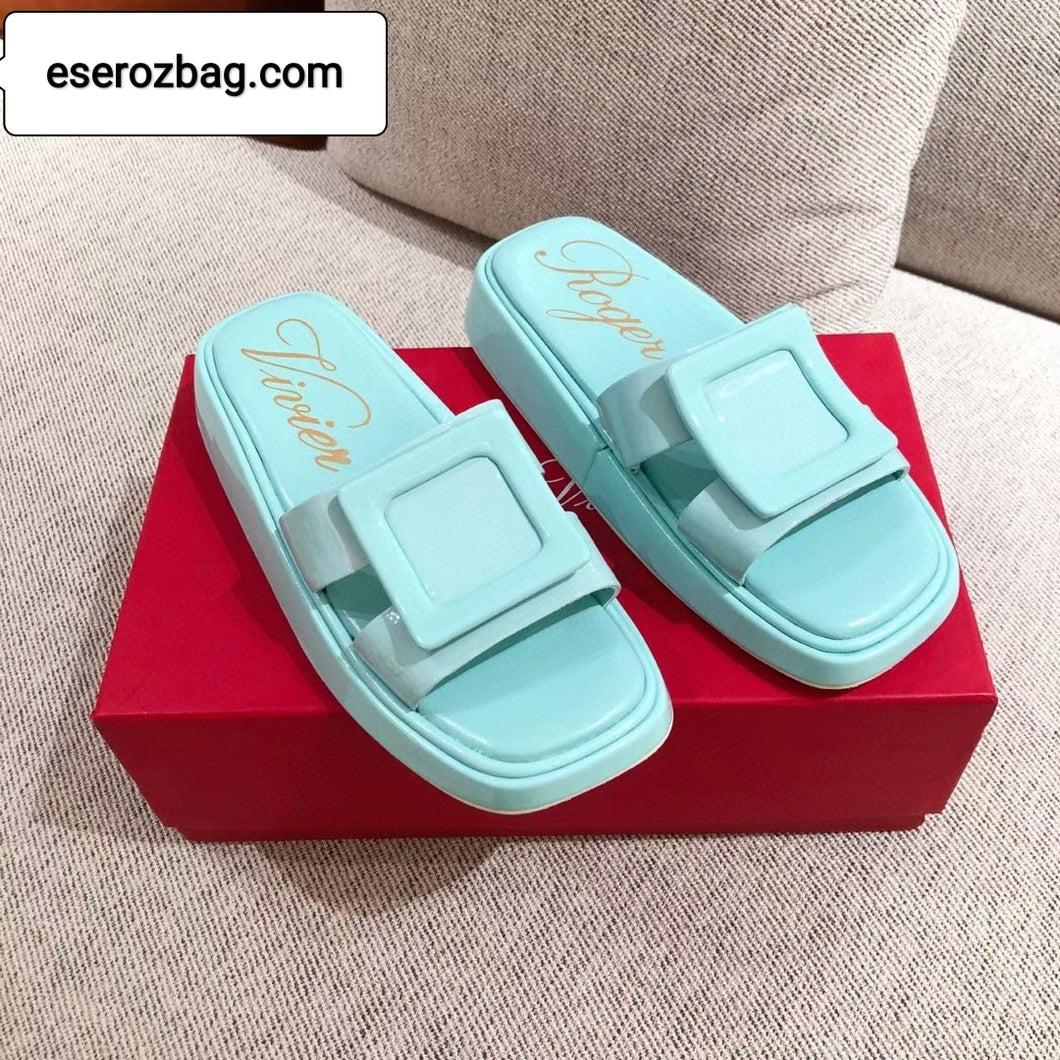 Slide Covered Buckle Mules in Patent Leather
